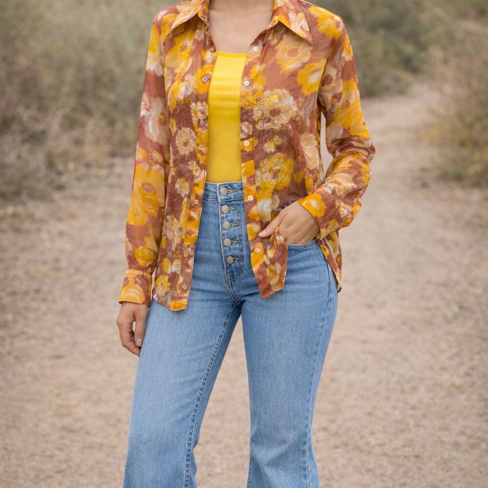 Vintage 70s Orange Floral Sheer Blouse Wide Collar Disco Retro S/M